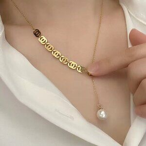 18K Gold Plated Titanium Steel Y Style CC Necklace With Faux Pearl
